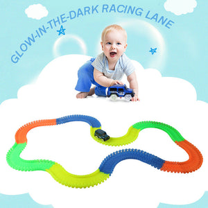 Magic Tracks RC Cars with 9Ft Flexible Glow Racing Tracks 220Pcs and Light up Racing Polic Car