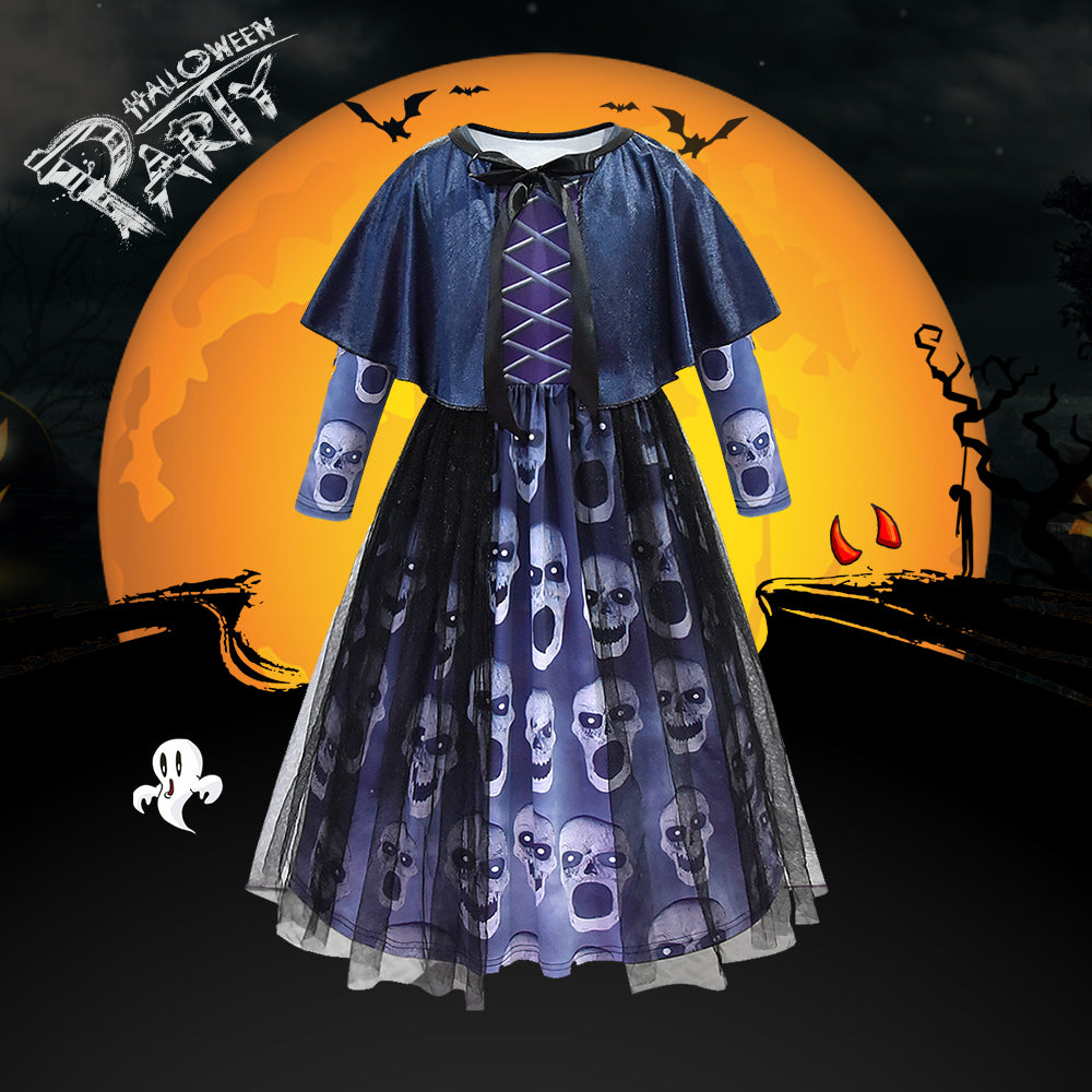 Girls Halloween Party Dress With Shawl Skull Printed Fancy Dress Up  Costume Kids Cosplay Princess Frocks