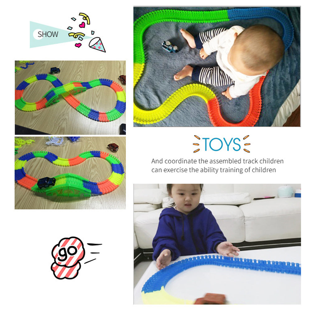 Magic Tracks with 9Ft Flexible Glow Racing Tracks 220Pcs and Light up Racing Polic Car