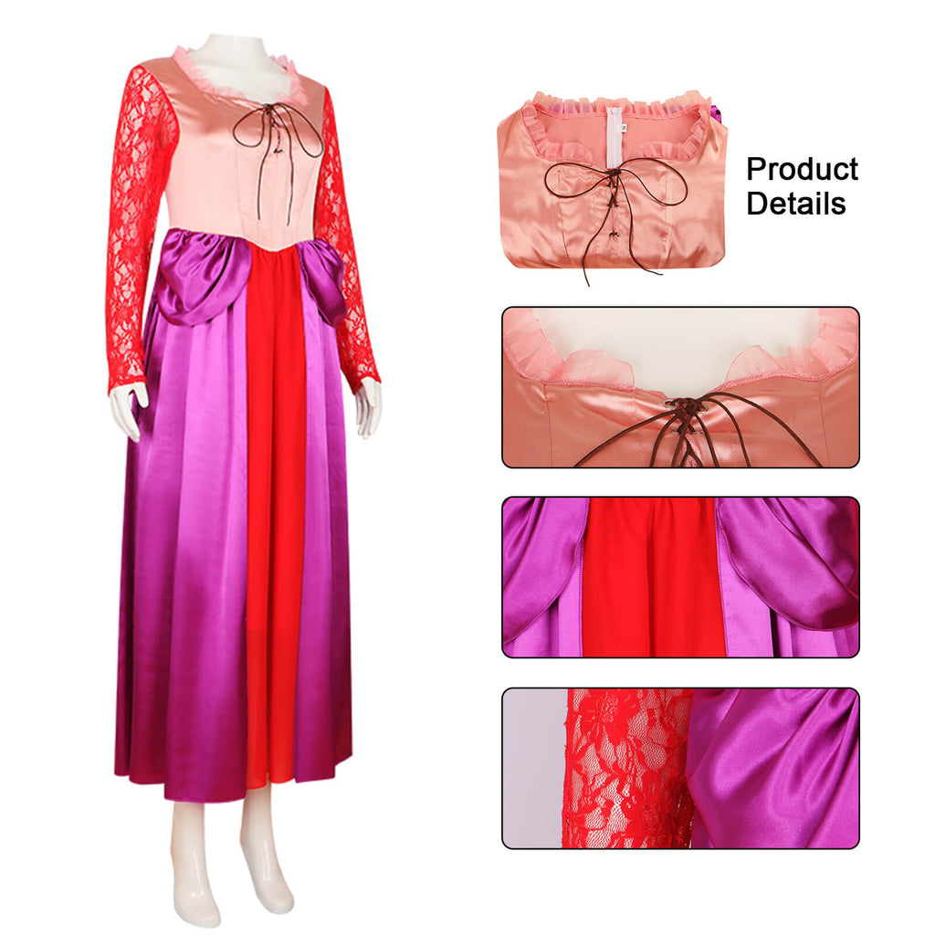 Adult Sarah Sanderson Costume Halloween Cosplay Costume Long Sleeve Elegant Satin Dress