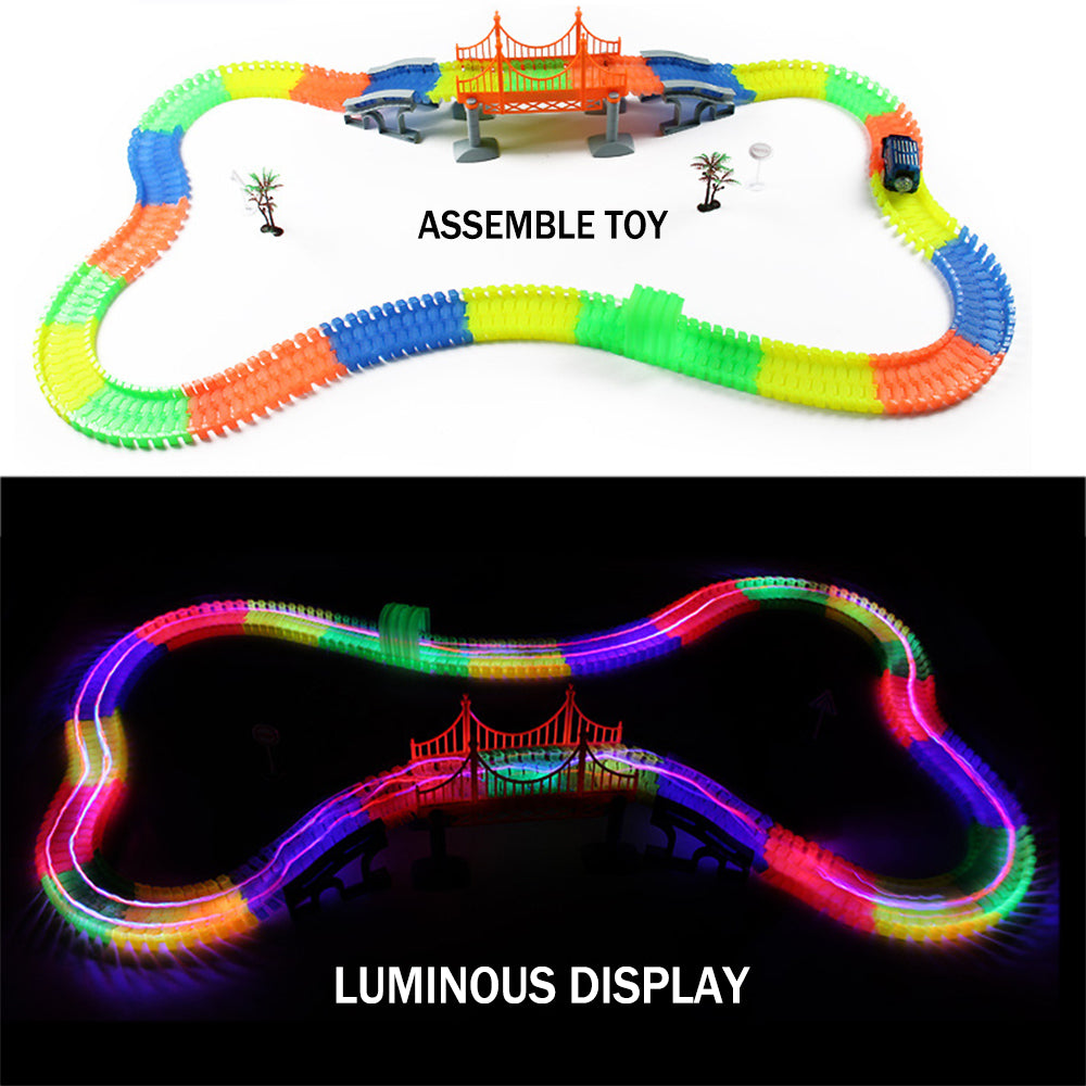 Magic Tracks with 9Ft Flexible Glow Racing Tracks 220Pcs and Light up Racing Polic Car
