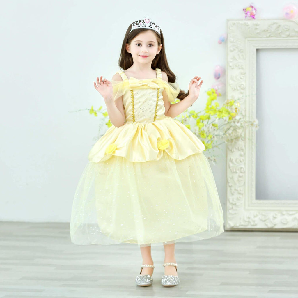 Princess Girls Costume Shining Sequin Overlay Party Dress Off Shoulder Layered Dress