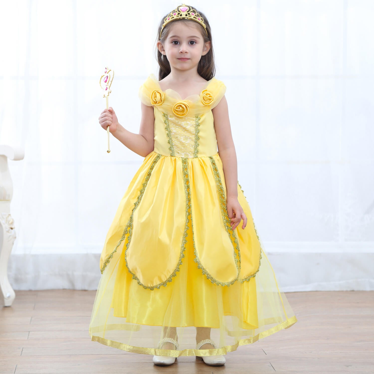 Princess Belle Dress 3D Flowers Party Ball Gown Carnival Dress Halloween Costume