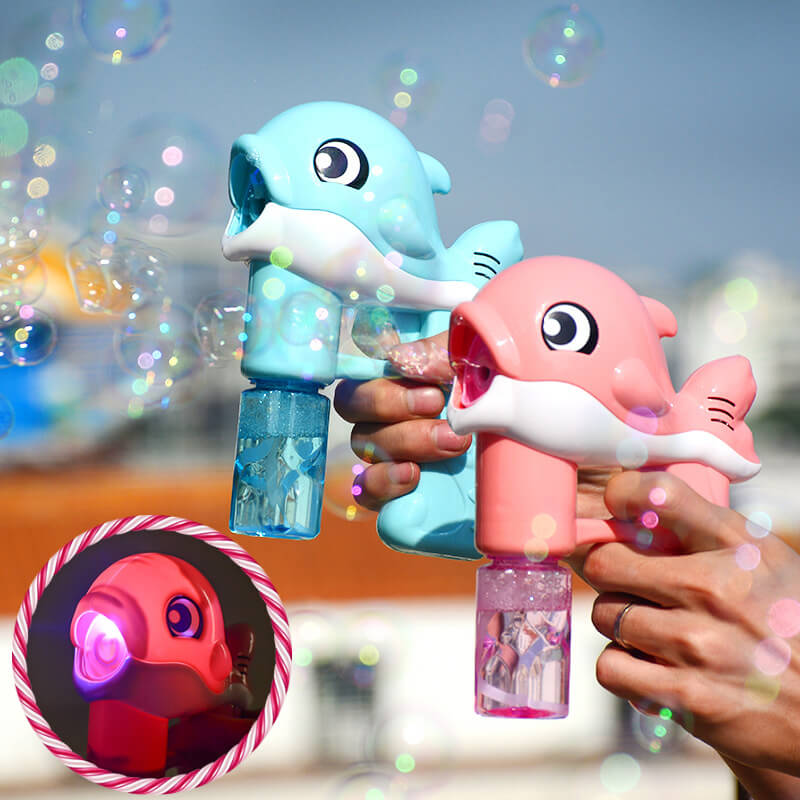 New Flashing Light Up Kids Dolphin Magic Bubble Maker Gun Summer Toys