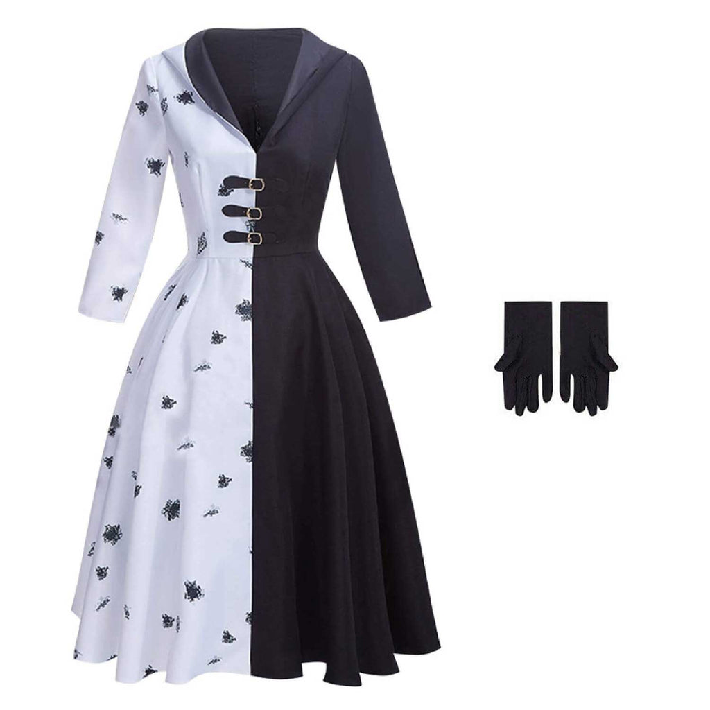 Black and White Dress Halloween Costume with Hood and Gloves