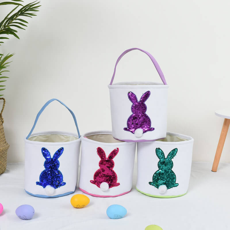 Easter Bunny Basket Canvas Sequin Tote Bags Kids Easter Egg Hunt Rabbit Basket with Tail