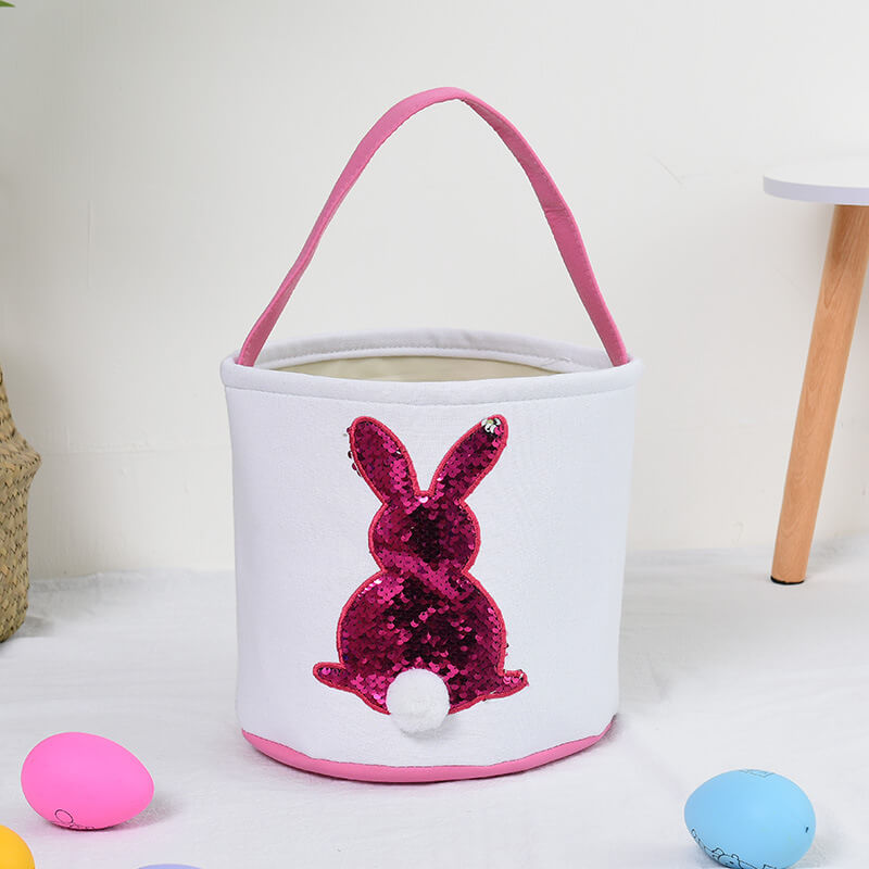 Easter Bunny Basket Canvas Sequin Tote Bags Kids Easter Egg Hunt Rabbit Basket with Tail