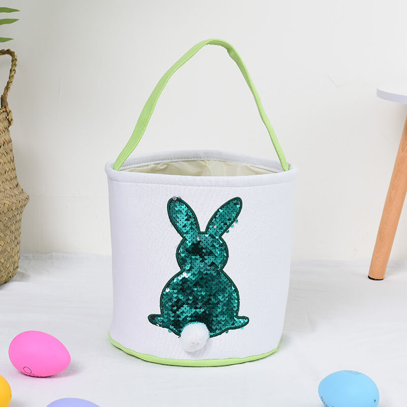 Easter Bunny Basket Canvas Sequin Tote Bags Kids Easter Egg Hunt Rabbit Basket with Tail