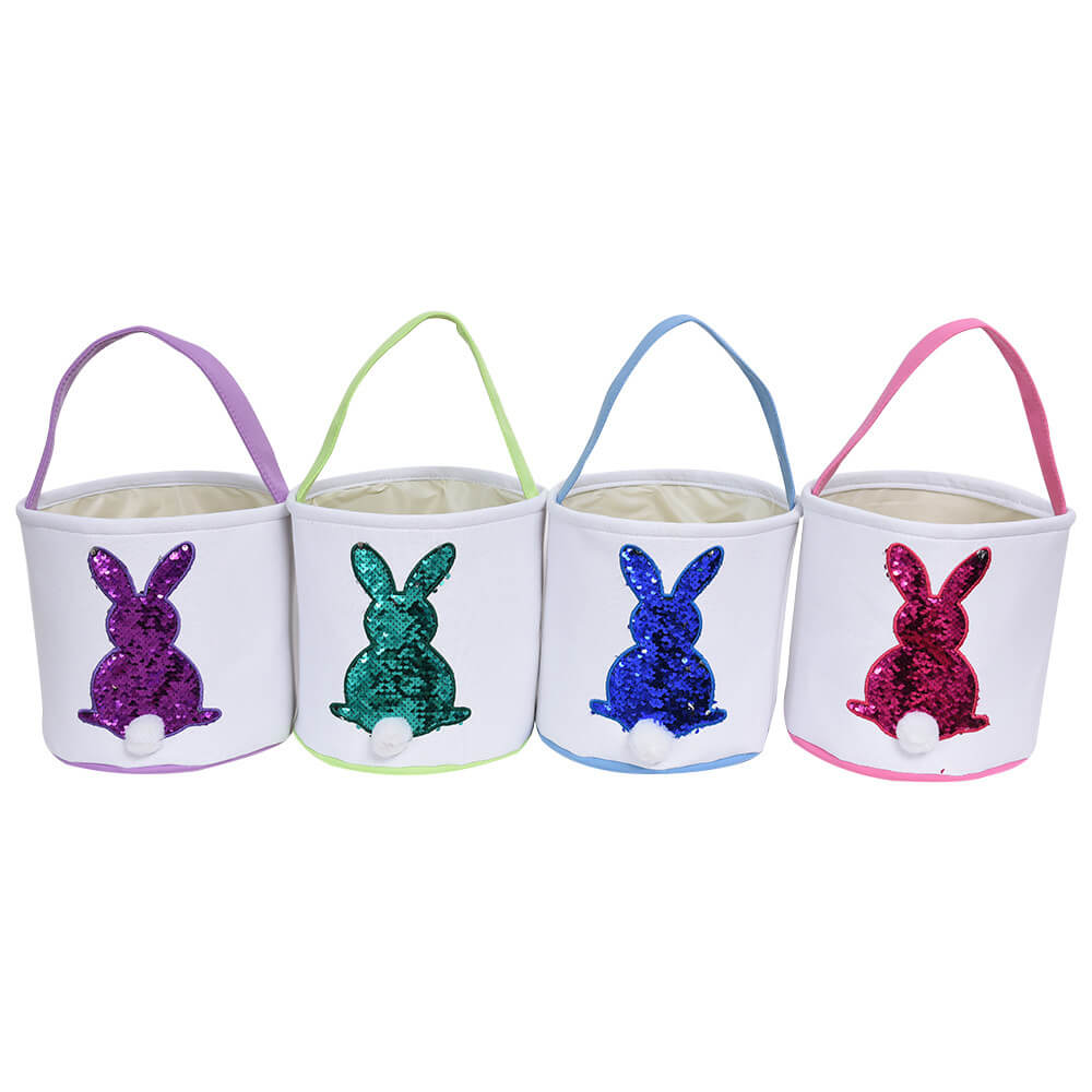 Easter Bunny Basket Canvas Sequin Tote Bags Kids Easter Egg Hunt Rabbit Basket with Tail