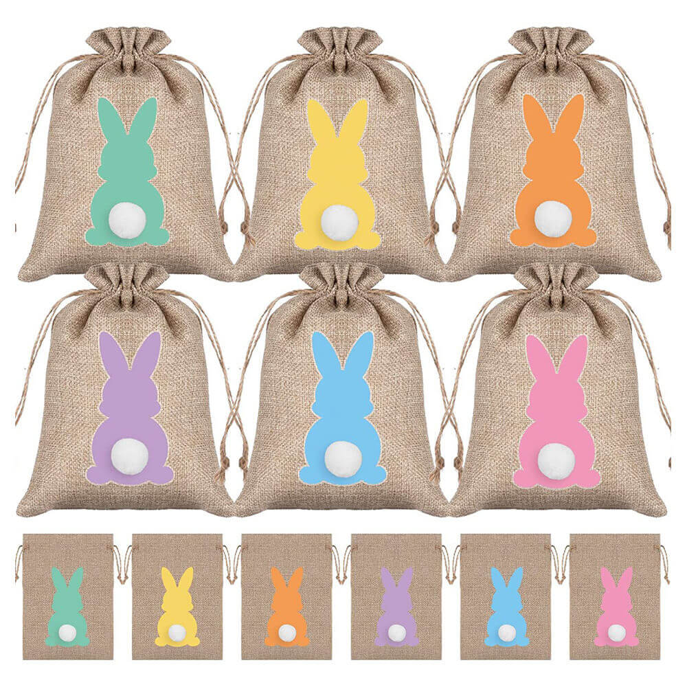 Easter Burlap Bags Bunny Treat Bags Drawstring Linen Goody Bags for Easter Party Favor