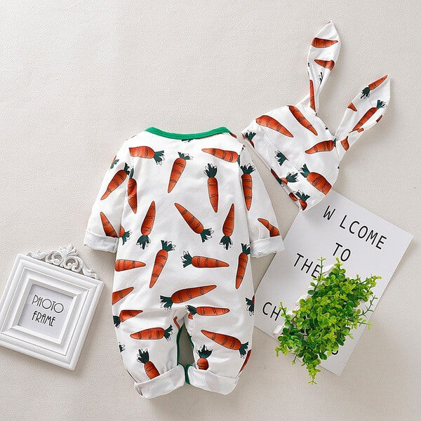 Baby Carrot Printed Romper and Bunny Rabbit Ears Hat 2pcs Suit