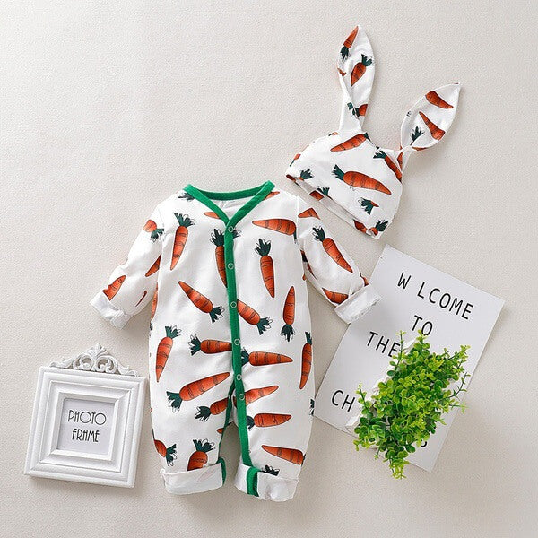 Baby Easter Bunny Costume Toddler Carrot Printed Romper and Bunny Rabbit Ears Hat Suit