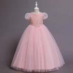 Elegent Girls Pageant Dresses Puff Sleeve Sequins Formal Tulle Maxi Dress