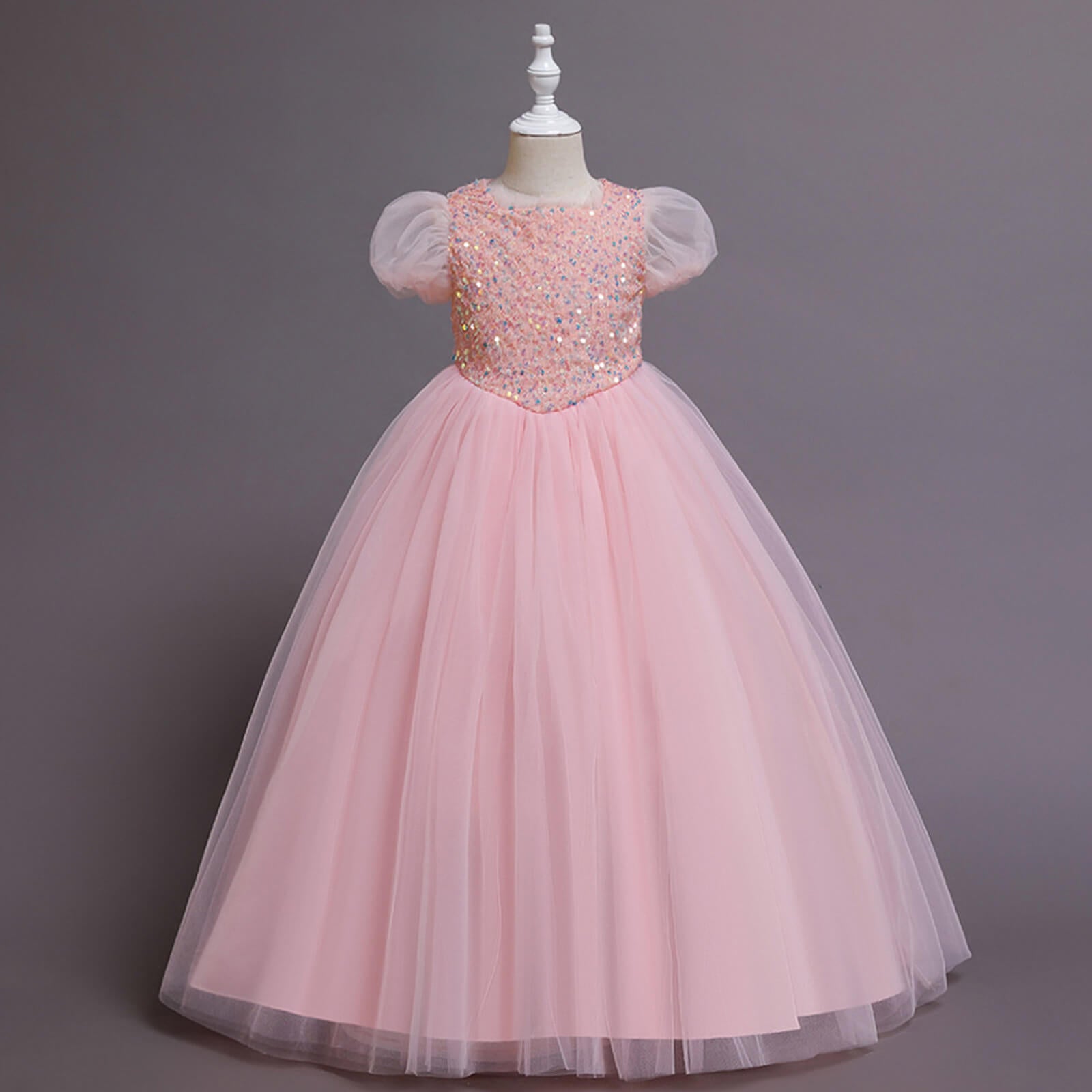 Elegent Girls Pageant Dresses Puff Sleeve Sequins Formal Tulle Maxi Dress
