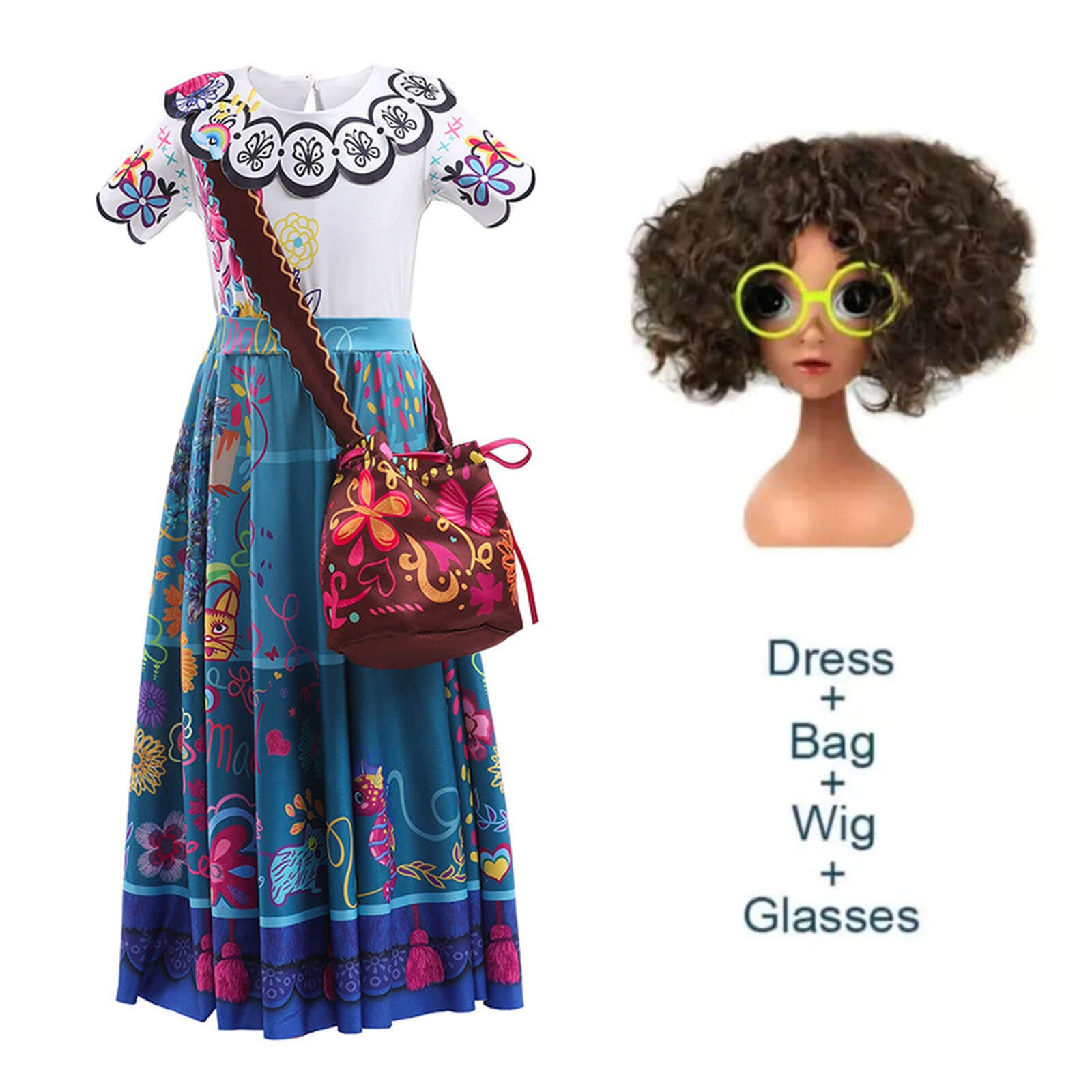 Kids Mirabel Dress with Bag and Wig Glasses Girl's Magical Mardrigal Costume Full Set