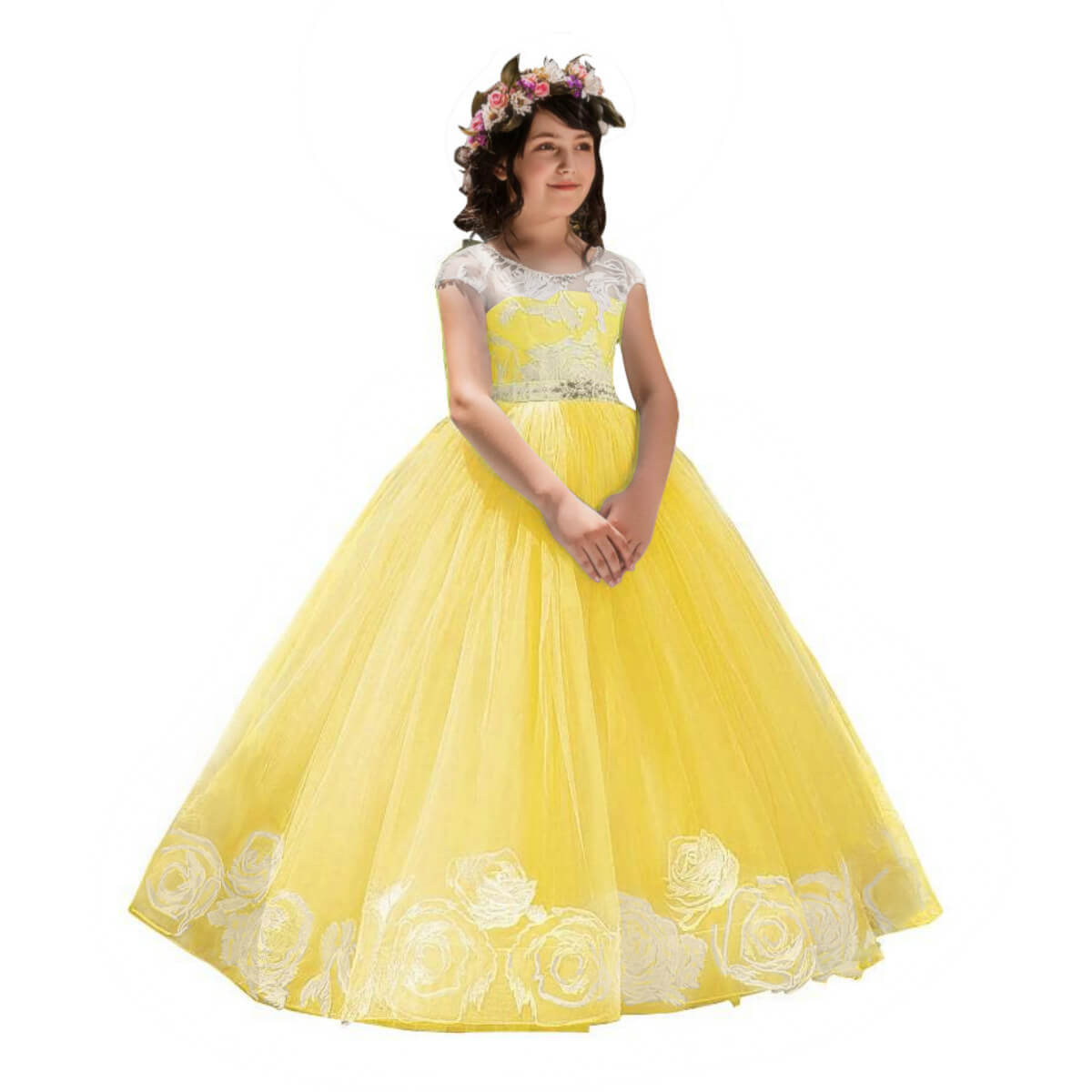 Floral Lace Backless Long Flower Girl Dresses Girls Bridesmaid Little Lady Dress