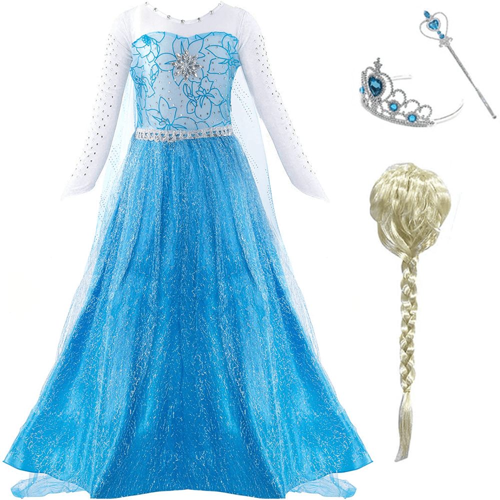 Kids Elsa Princess Dress and Accessories Snow Queen Cosplay Party Princess Dress with Long Cape