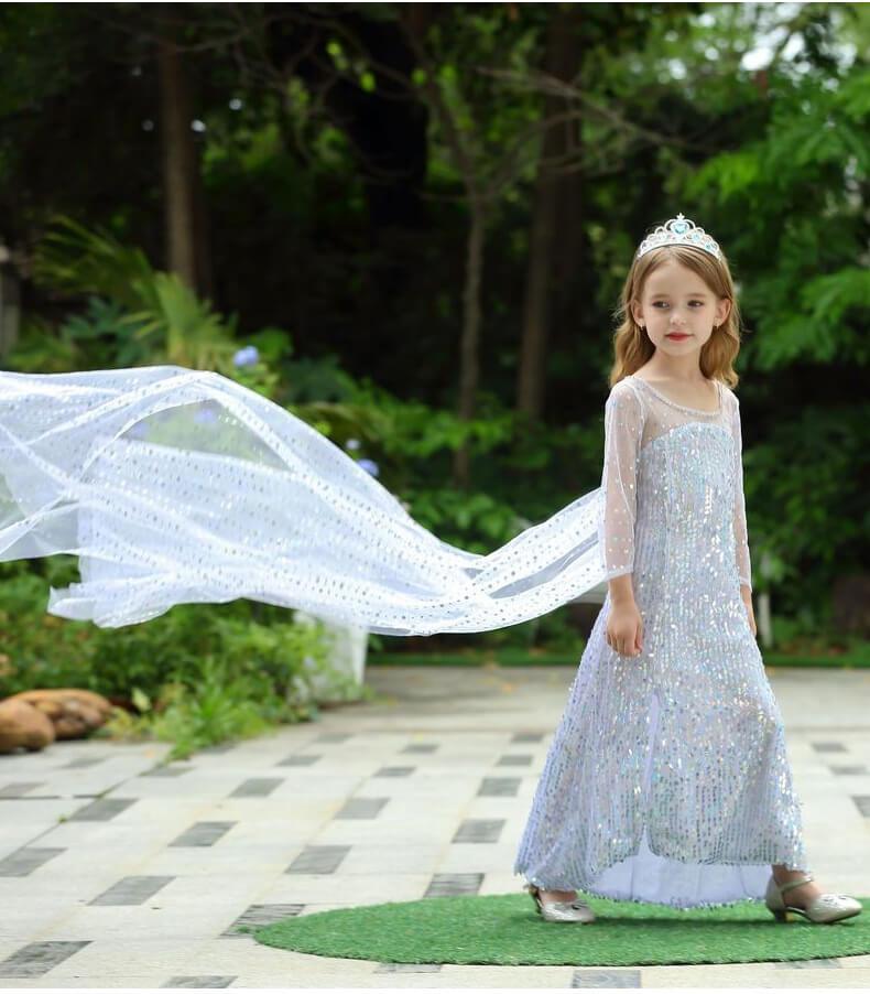 Snow Queen Princess Costume Girls Sequins Dress With Shining Long Cape Cosplay Clothes