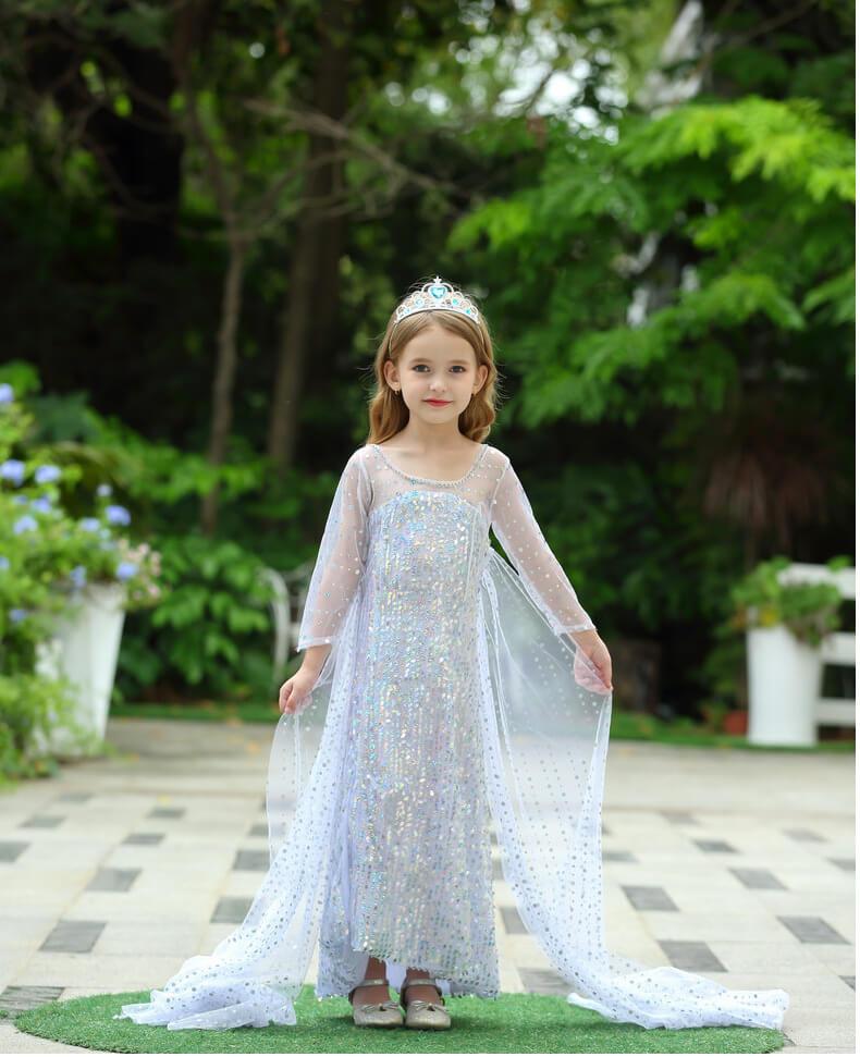 Snow Queen Princess Costume Girls Sequins Dress With Shining Long Cape Cosplay Clothes