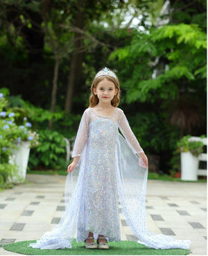 Snow Queen Princess Costume Girls Sequins Dress With Shining Long Cape Cosplay Clothes
