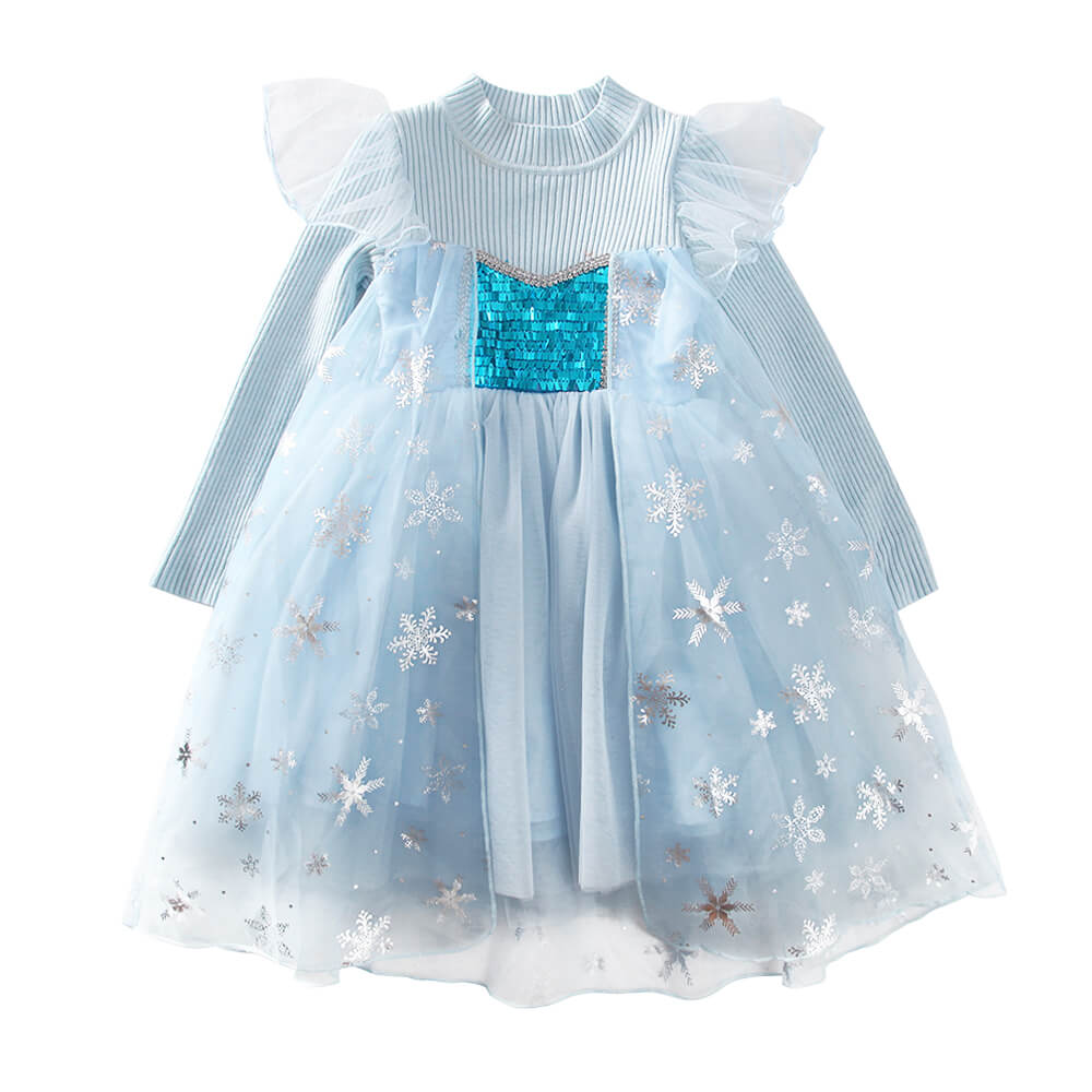 Little Girls Winter Princess Dress Elsa Snowflake Fluffy Sweater Dresses 1-10 Years