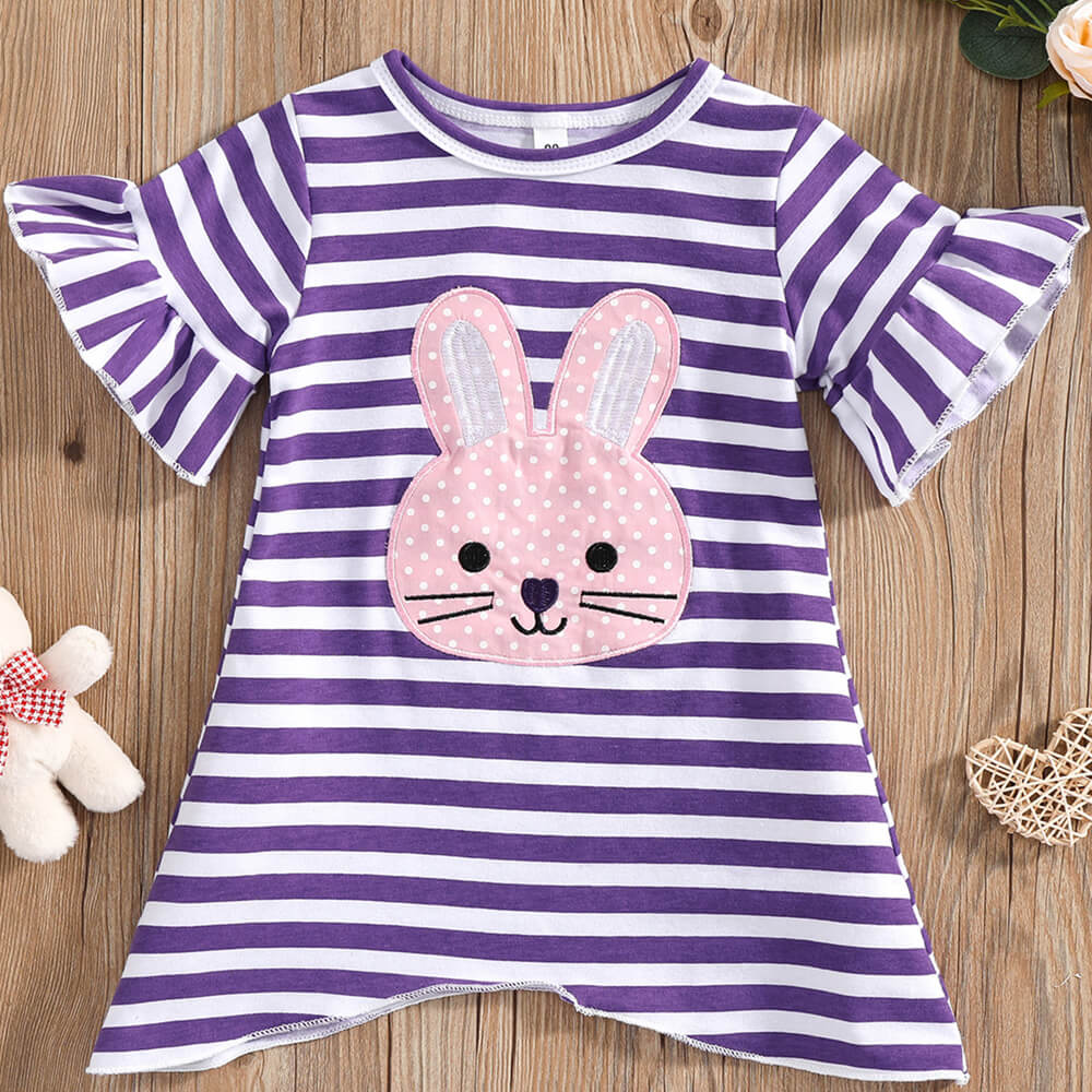 Easter Bunny Costume for Girls Rabbit Striped Dress Bell Mouth Easter Outfit Ruffle Knee-Length Casual One-Piece
