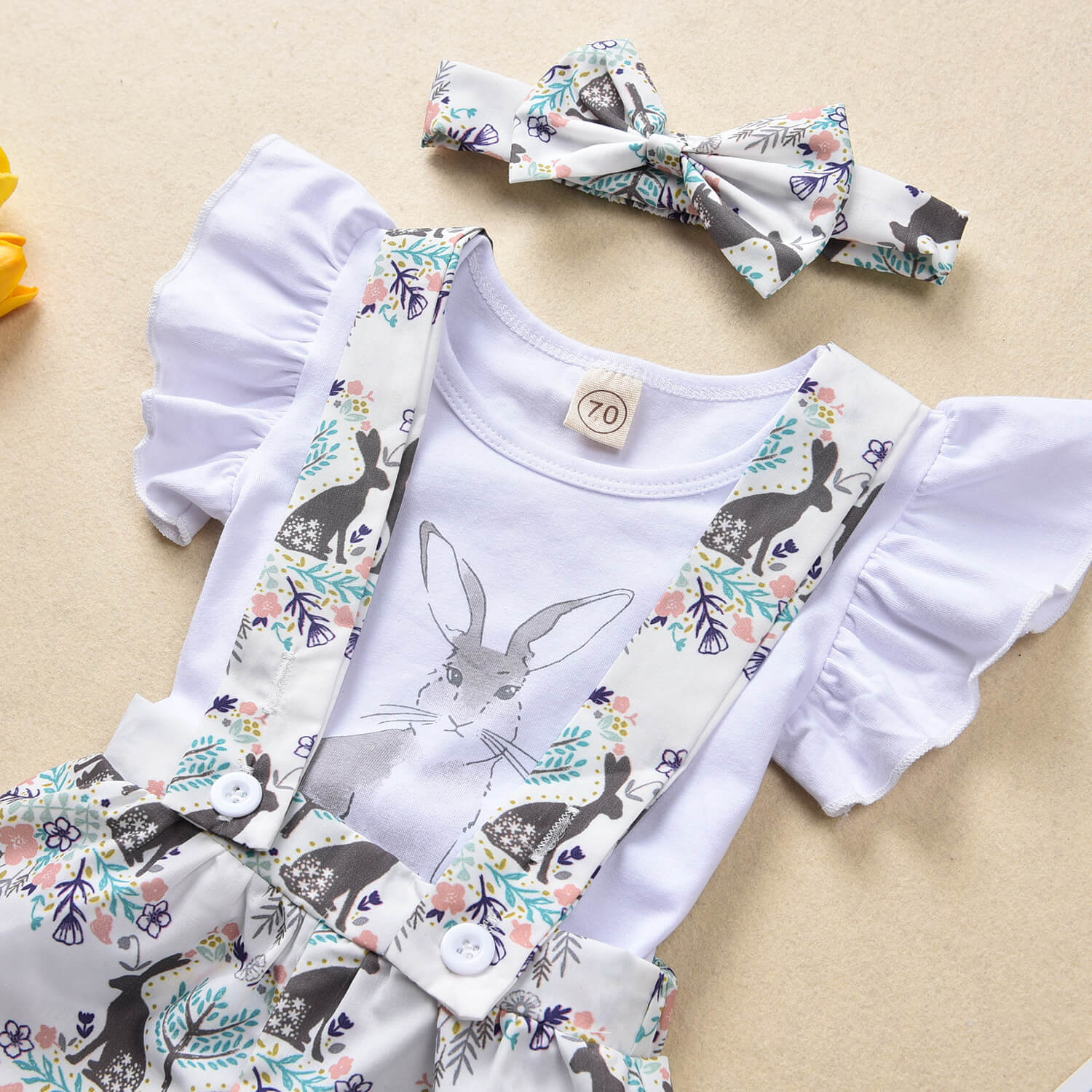 Baby Girls Easter Outfit Toddler Bunny Shirt Suspender Headband 3pcs Suit for Easter Party