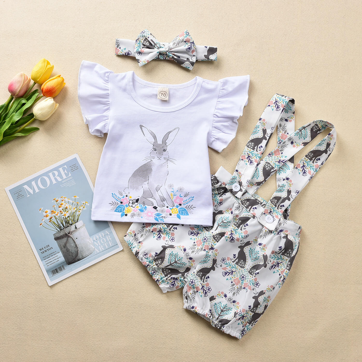Baby Girls Easter Outfit Toddler Bunny Shirt Suspender Headband 3pcs Suit for Easter Party
