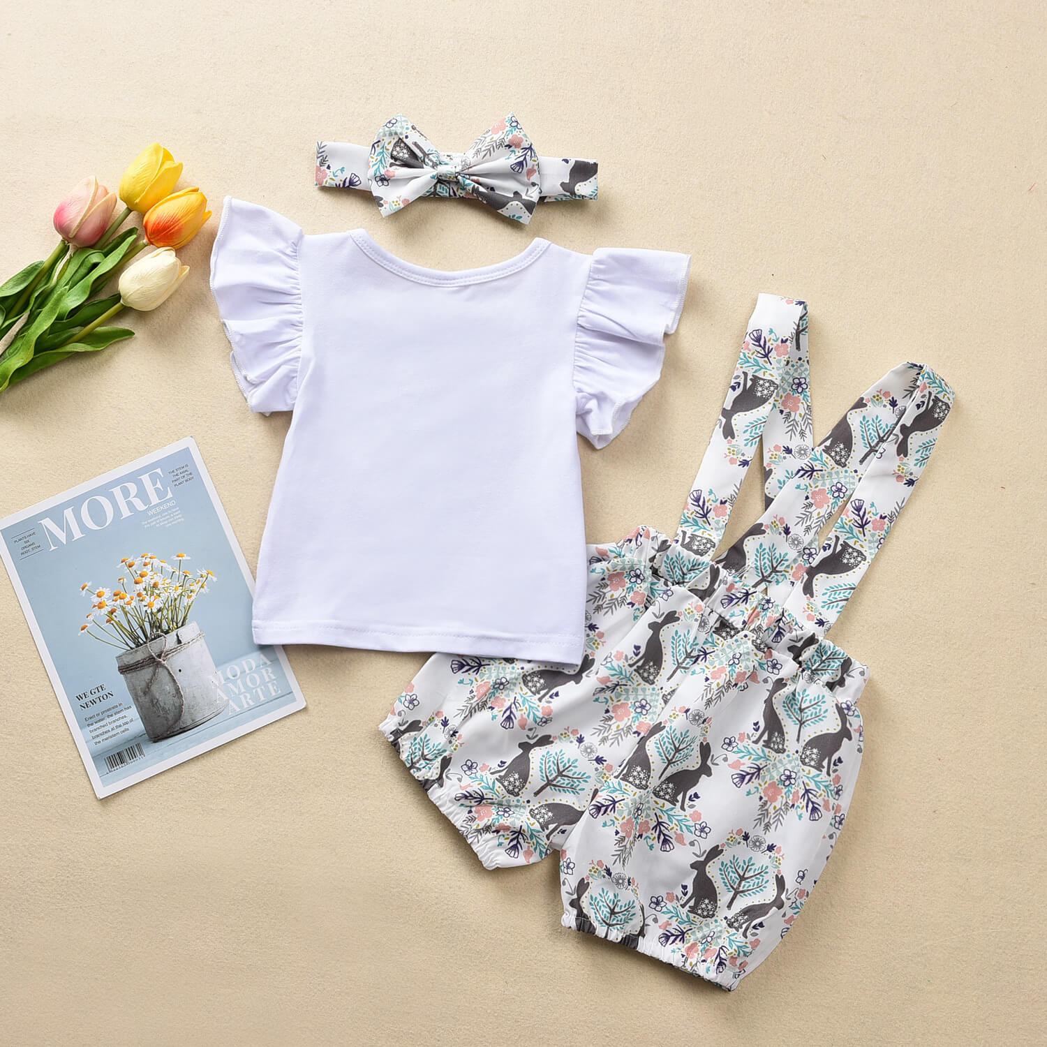 Baby Girls Easter Outfit Toddler Bunny Shirt Suspender Headband 3pcs Suit for Easter Party