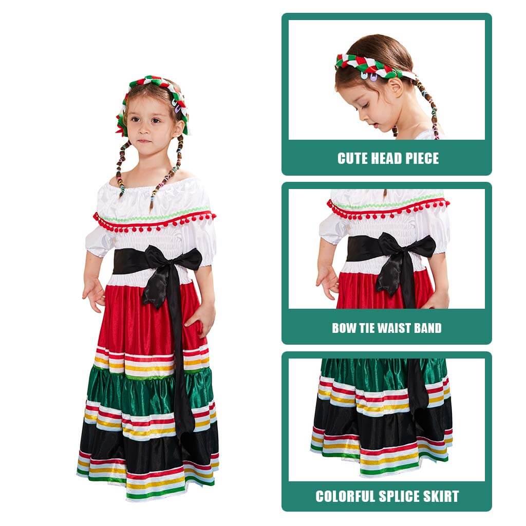 Girls Mexican Dress Halloween Costume Kids Traditional Senorita Blouse Dance Skirt