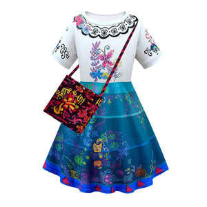 Kids Party Costume Girls Cosplay Outfit Short Sleeve Long Teal Skirt with Bag for Age 2 and UP