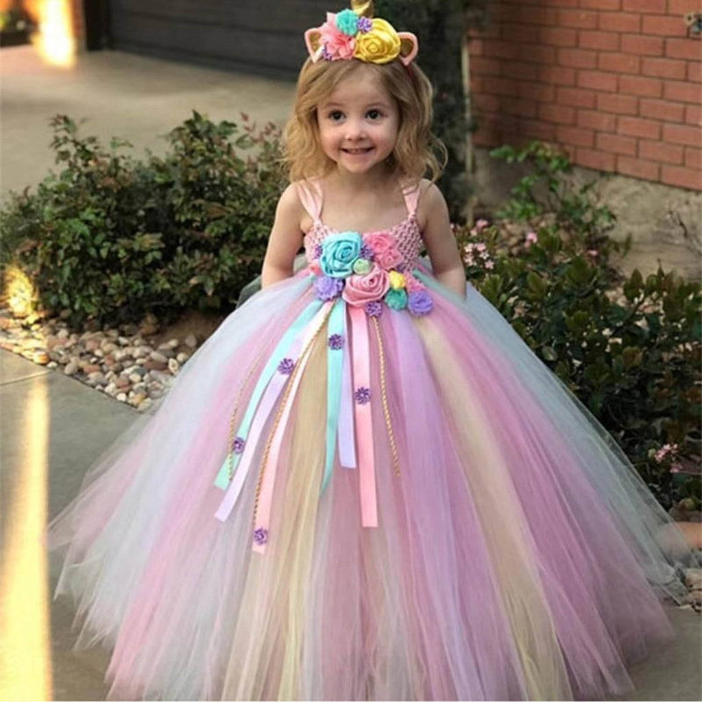 Little Girls Rainbow Tutu Dress Party Birthday Easter Princess Dress with Headband