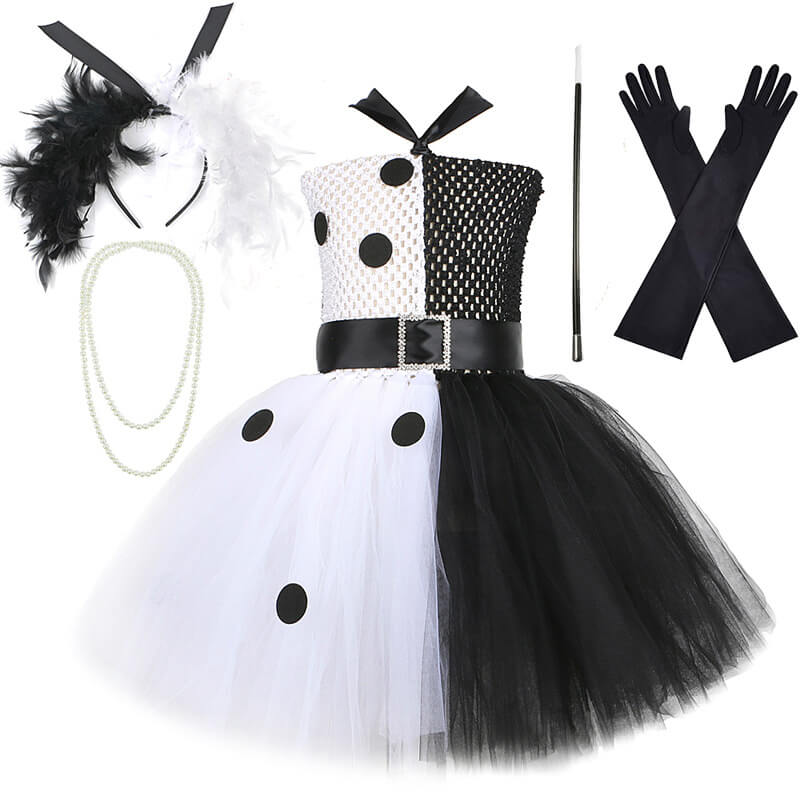 Girls Halloween Costume Sleeveless Color Blocking Tutu Dress Props Black Spot Lace Up Outfit