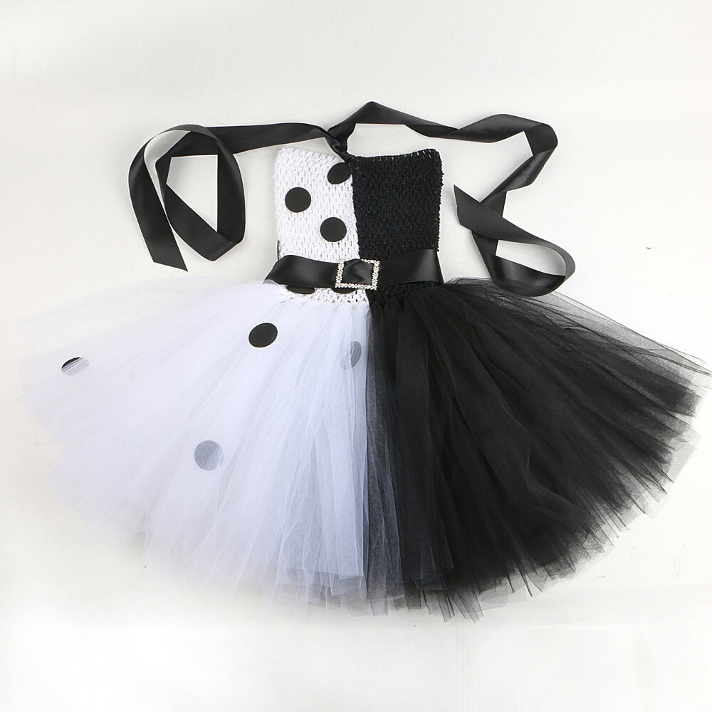 Girls Dalmatians Costume Sleeveless Color Blocking Tutu Dress Props Black Spot Lace Up Outfit