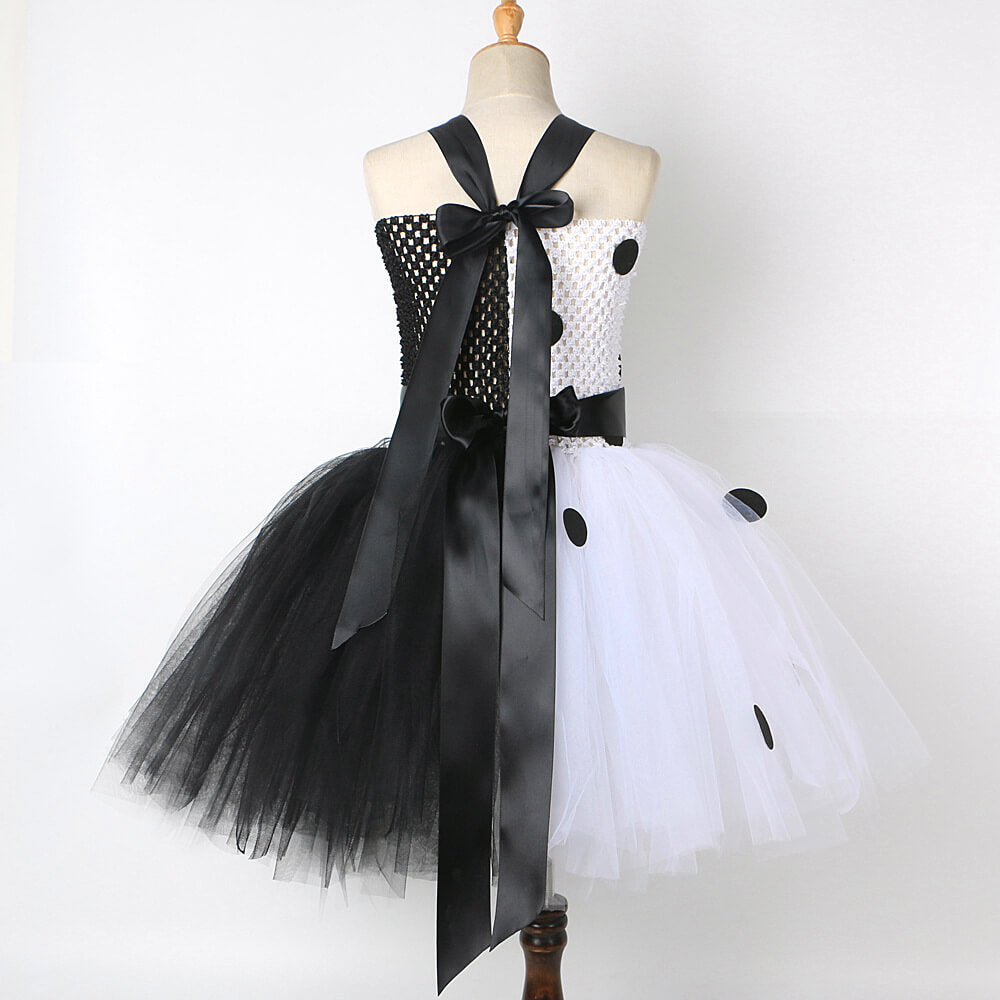 Girls Dalmatians Costume Sleeveless Color Blocking Tutu Dress Props Black Spot Lace Up Outfit