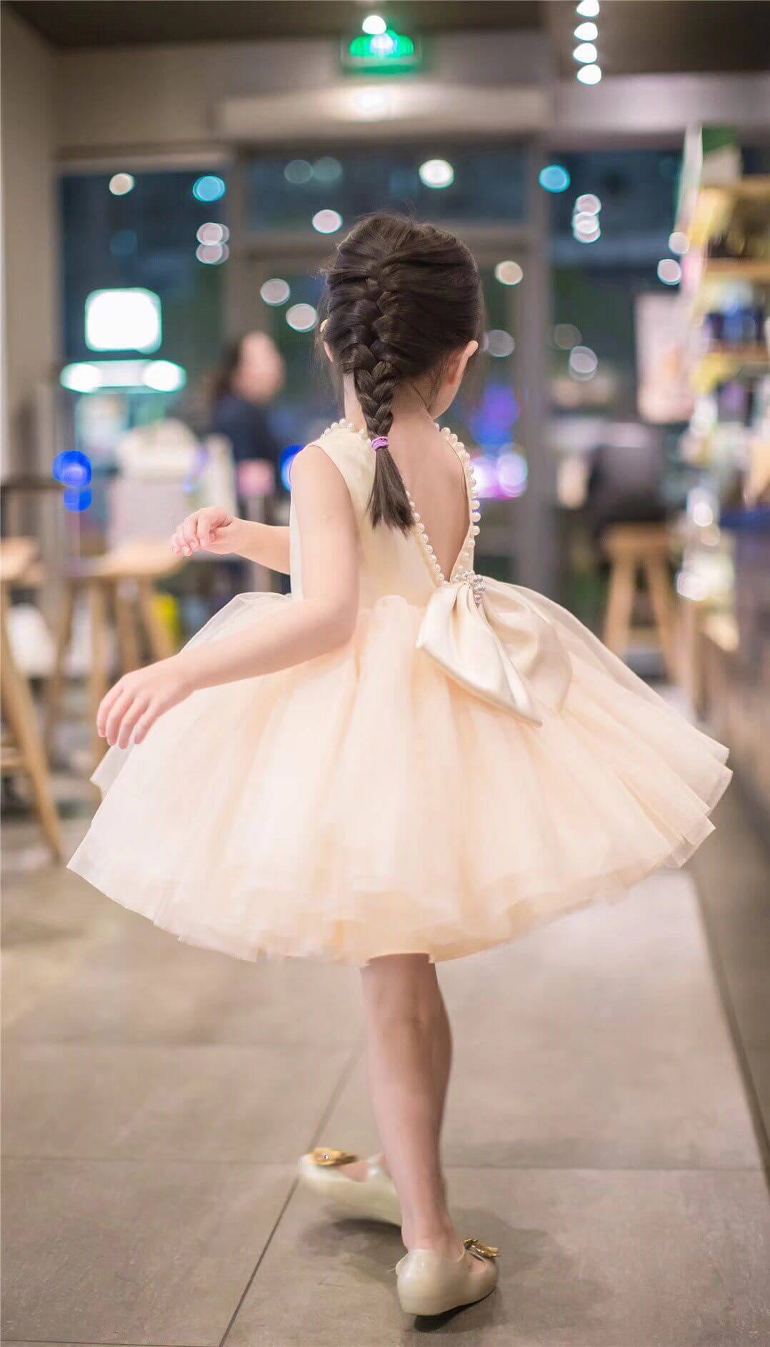 Tulle Baby Champagne Girls Backless Pearl Formal Dress Princess Party Clothes