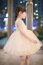 Tulle Baby Champagne Girls Backless Pearl Formal Dress Princess Party Clothes