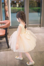 Tulle Baby Champagne Girls Backless Pearl Formal Dress Princess Party Clothes