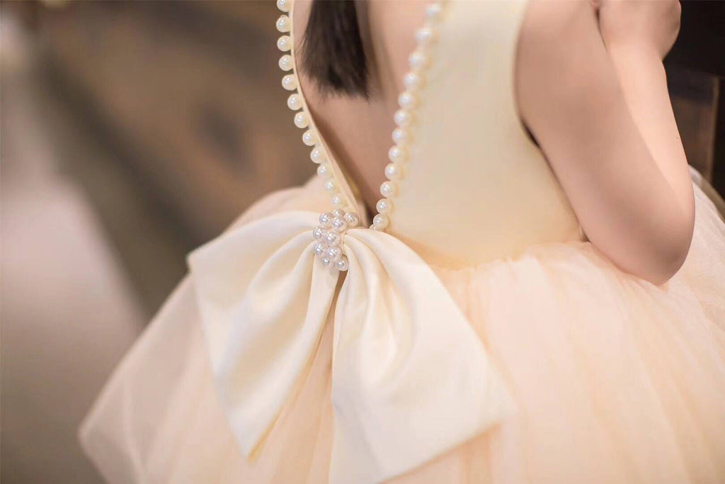 Tulle Baby Champagne Girls Backless Pearl Formal Dress Princess Party Clothes