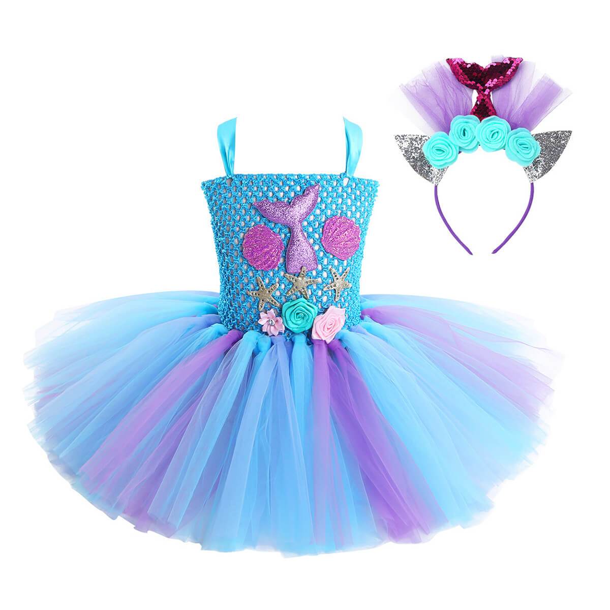 Kids Mermaid Tutu Dress Handmade Princess Ariel Beach Vacation Dress With 3D Flower and Hair Hoop