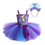 Kids Mermaid Tutu Dress Handmade Princess Ariel Beach Vacation Dress With 3D Flower and Hair Hoop