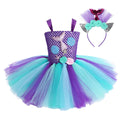 Kids Mermaid Tutu Dress Handmade Princess Ariel Beach Vacation Dress With 3D Flower and Hair Hoop