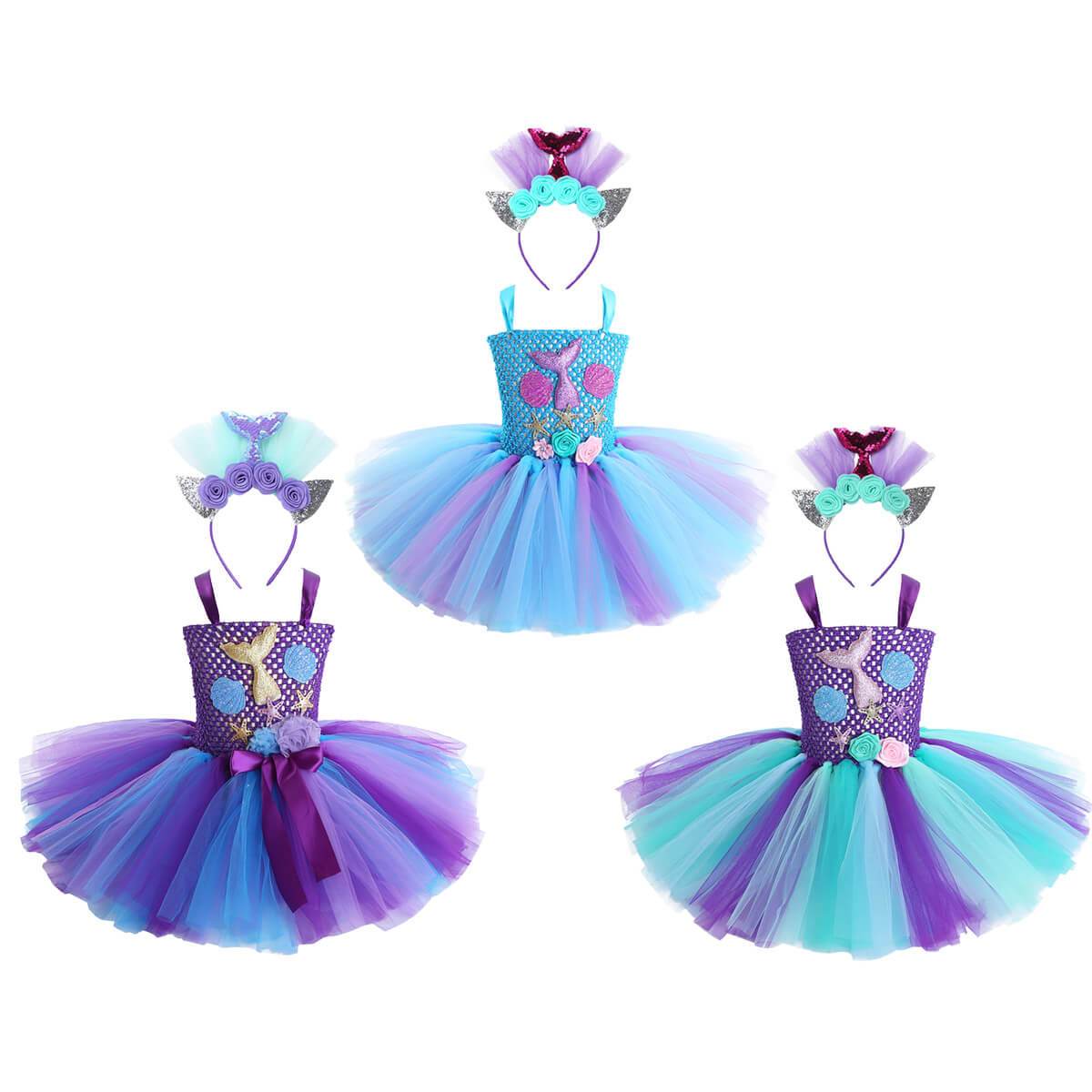 Kids Mermaid Tutu Dress Handmade Princess Ariel Beach Vacation Dress With 3D Flower and Hair Hoop