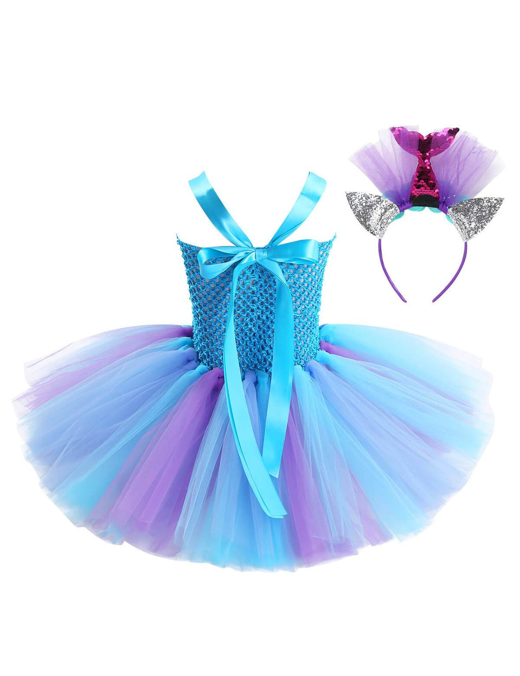 Kids Mermaid Tutu Dress Handmade Princess Ariel Beach Vacation Dress With 3D Flower and Hair Hoop