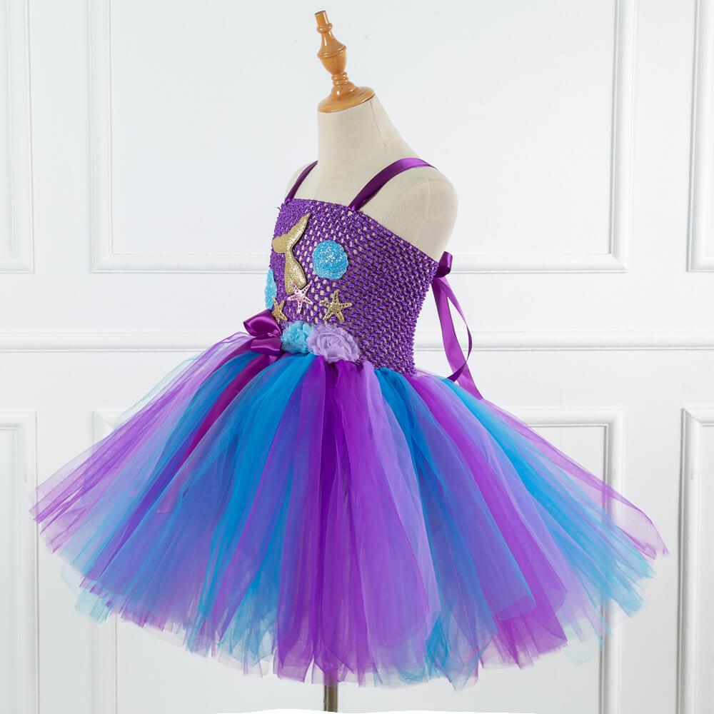 Kids Mermaid Tutu Dress Handmade Princess Ariel Beach Vacation Dress With 3D Flower and Hair Hoop