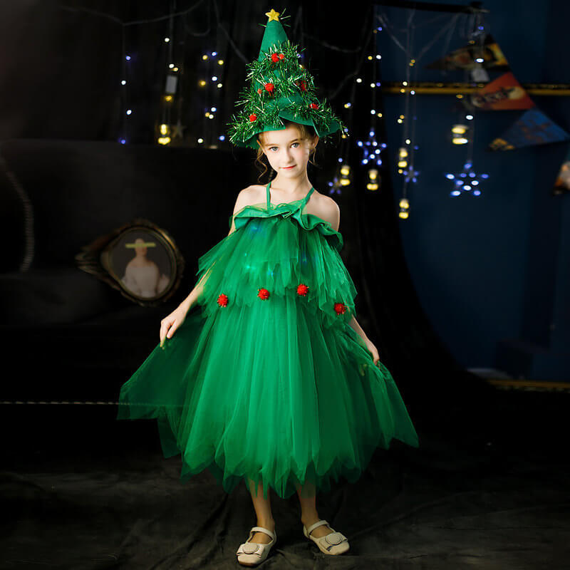 Girls Green Christmas Tree Dress with Hat Elf Christmas Costume Full Set for Kids Teens