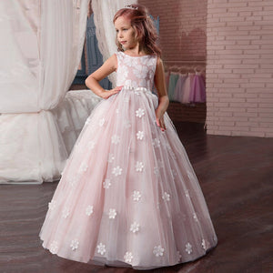 A-Line Long Lace Dress With Flower Petals Decoration Girs Birthday Prom Wedding Party Dresses