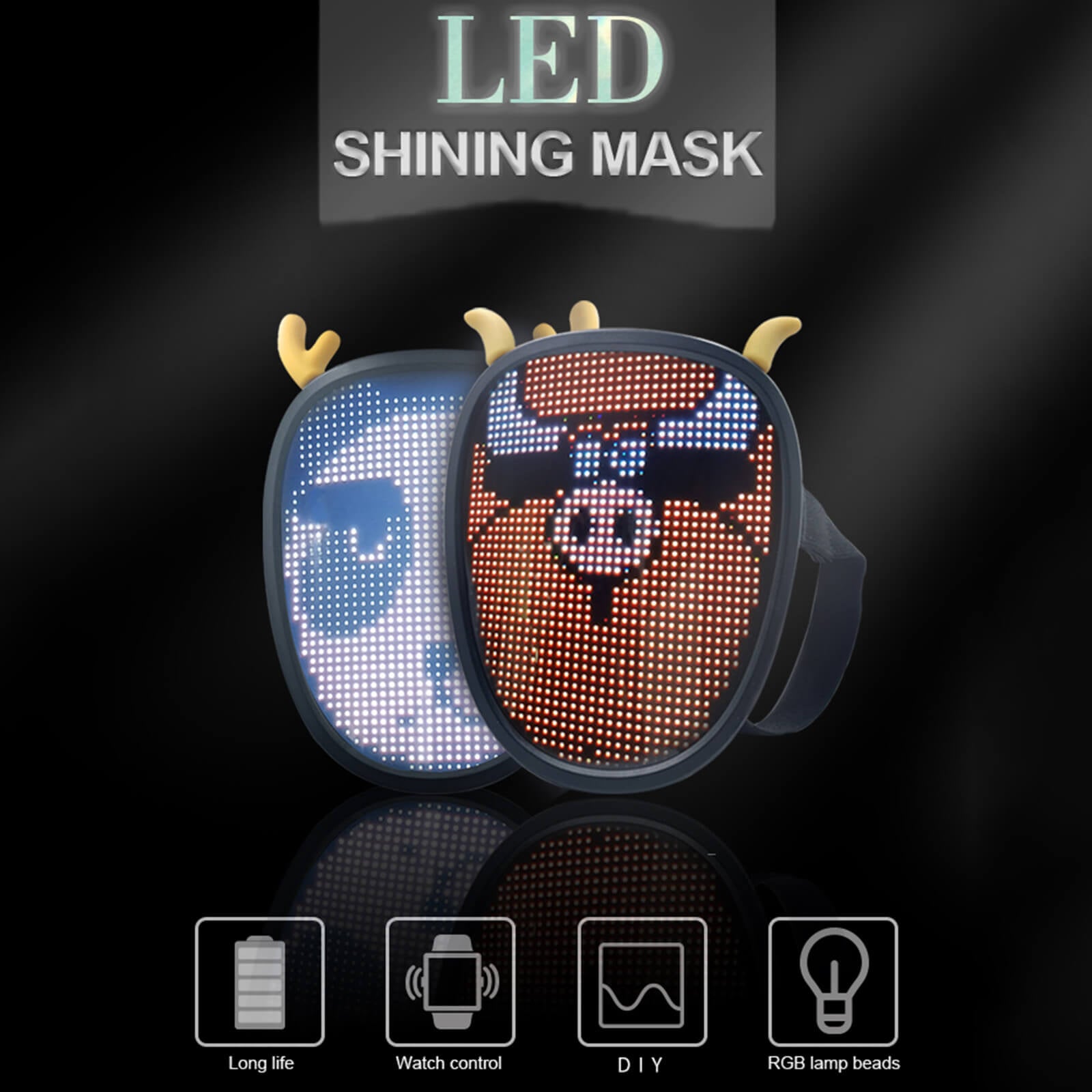 Halloween LED Mask Hand Loop Controlled Scary Light Up Face Cover DIY Editable Rechargeable Facemask