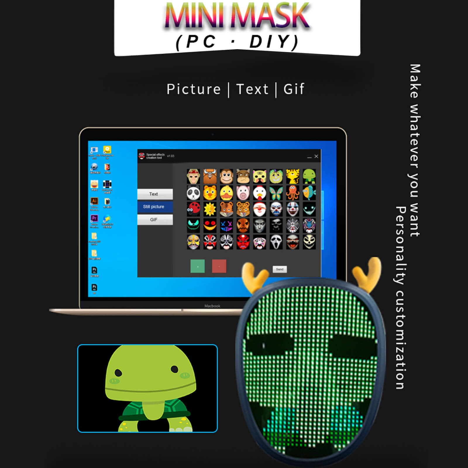 Halloween LED Mask Hand Loop Controlled Scary Light Up Face Cover DIY Editable Rechargeable Facemask