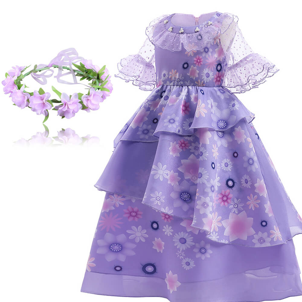 Girl Isabela Dress Chiffon Soft Flower Princess Madrigal Dress with Garland
